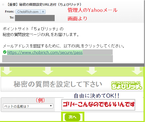 ポイント交換時に必要な秘密の質問の設定メール