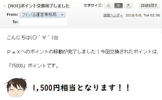 ポイント交換後にファンくるより受信するメール