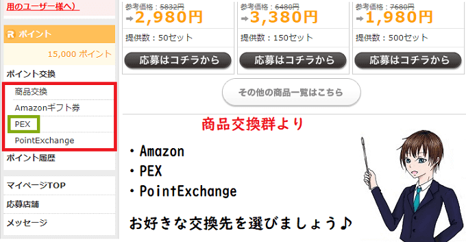 パソコンから、ポイント交換を押した後の画面