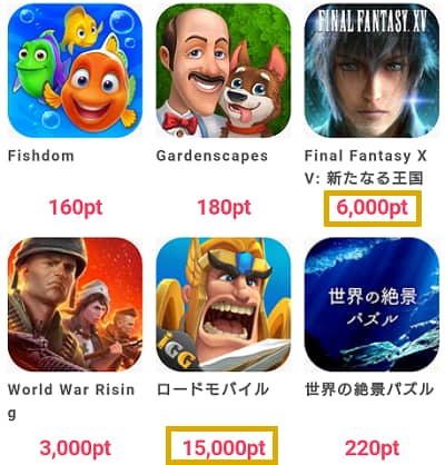 高ポイント還元のアプリゲームのラインナップ